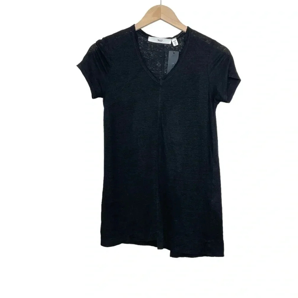 Wilt Linen Shrunken Shirt XS Black V-Neck Short Sleeve